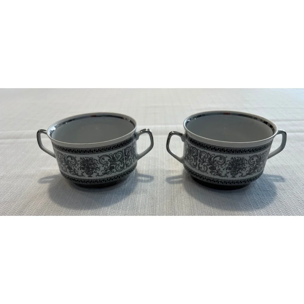 Chodziez Poland Porcelain Bouillon Cups Set‎ of 2 Black White Floral Silver Trim